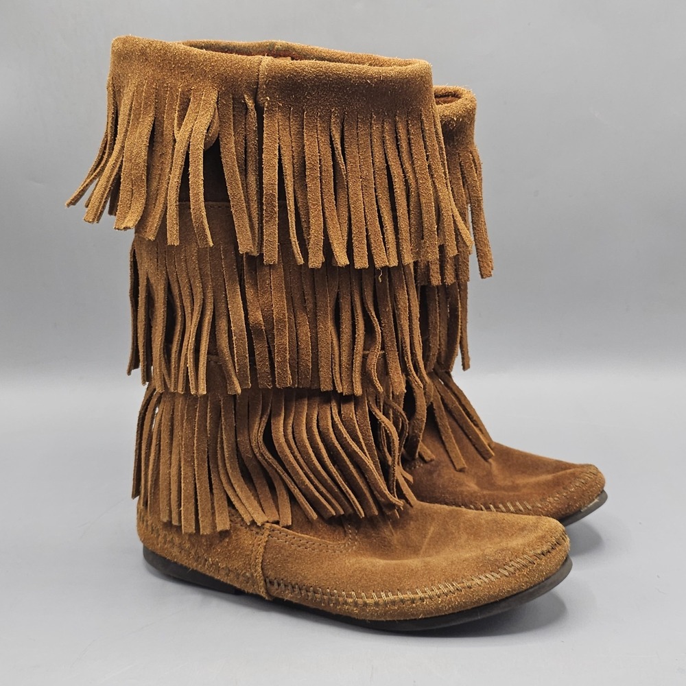 Minnetonka Suede Fringe Moccasin Mid-Calf Pull-On Boots Women's 8 1632 Western